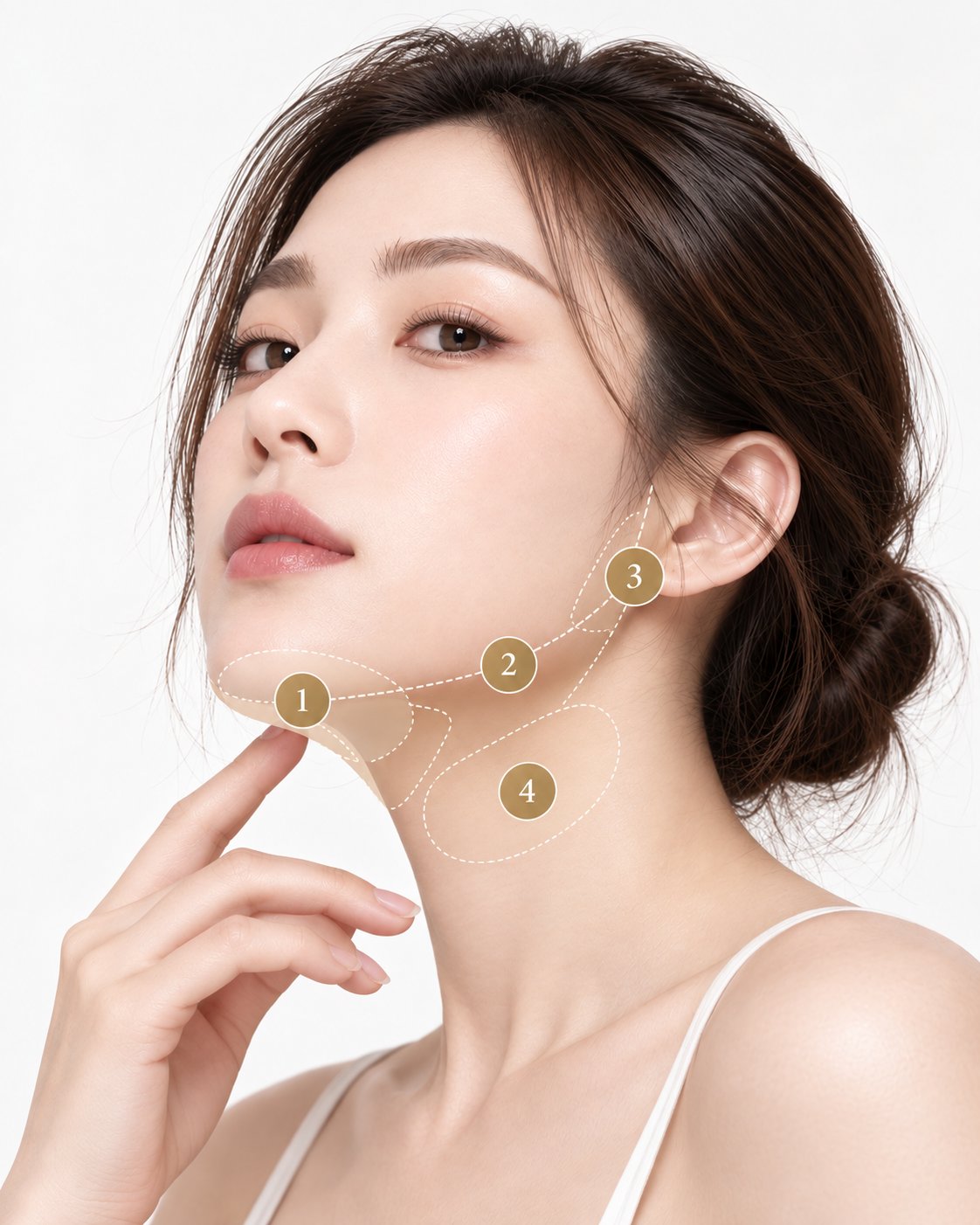 BELKYRA 雙下巴溶脂針治療部位示意：4 個金圈標記依序標示頦下區域、下顎緣線條、側臉輪廓與頸部銜接處