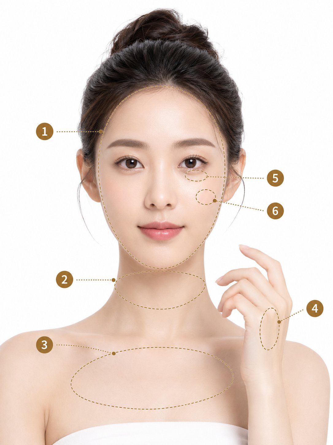 Profhilo 適用部位示意（臉部 · 頸部 · 胸前 · 手部 · 眼下 · 蘋果肌）