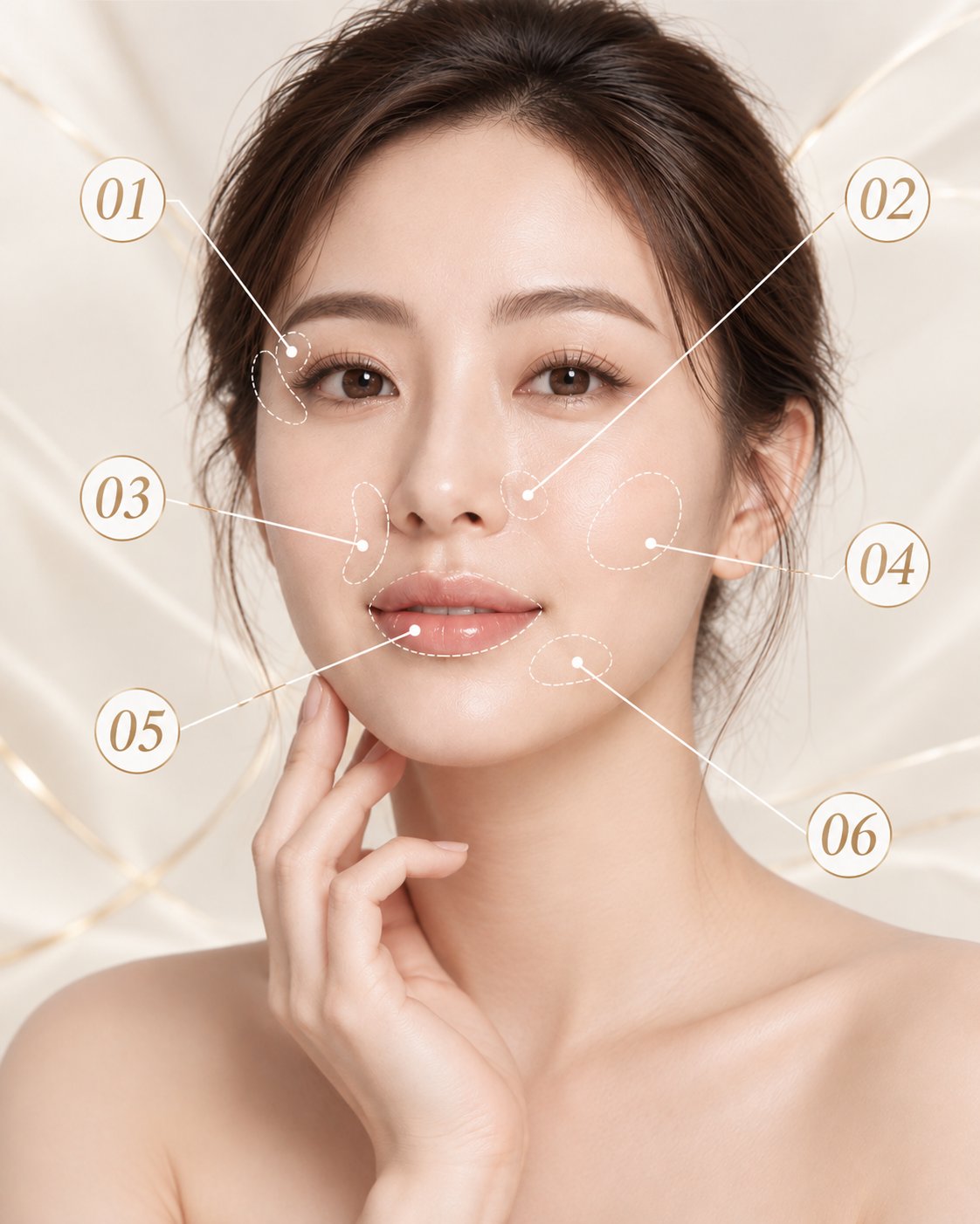TEOSYAL RHA 六大治療部位示意：魚尾紋／口周紋／法令紋／木偶紋／自然豐唇／蘋果肌